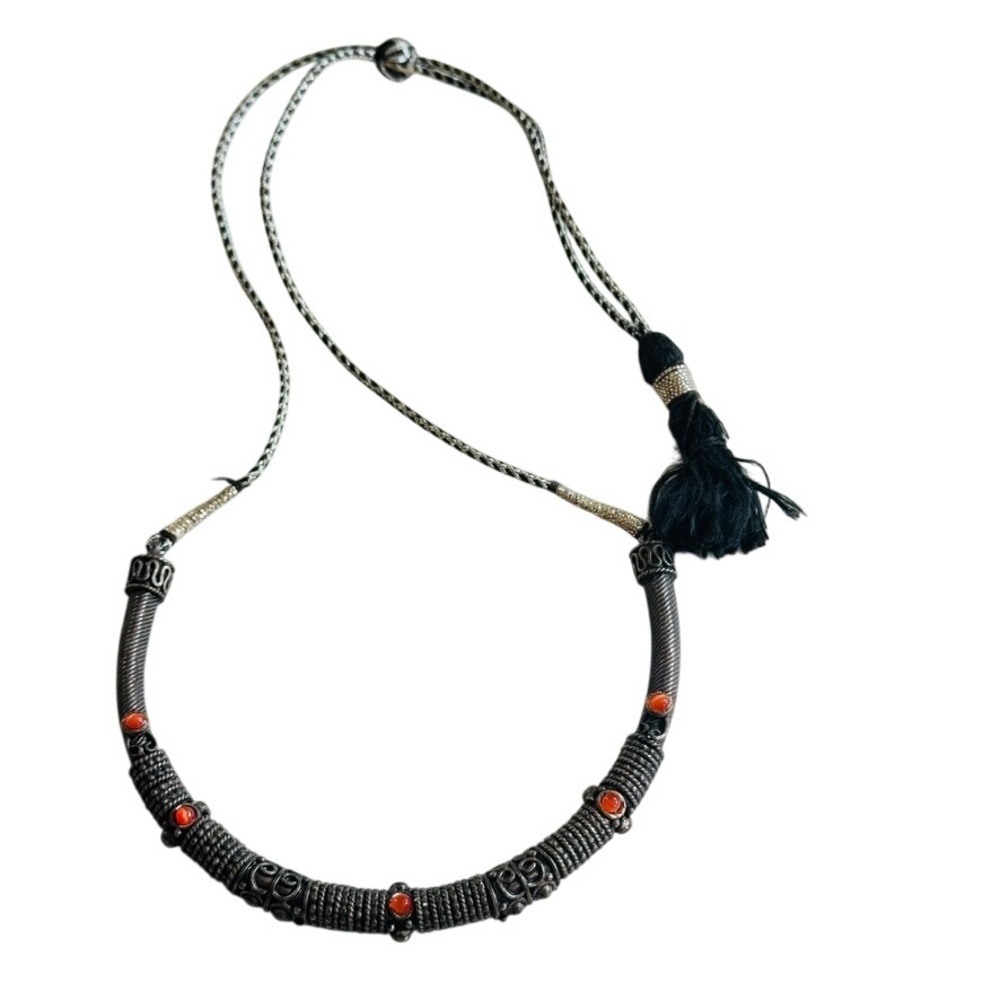 VTG Tribal Oxidized‎ Necklace Glass Cabochon BOHO Tibetan Ethnic Nepal BOHO 26"